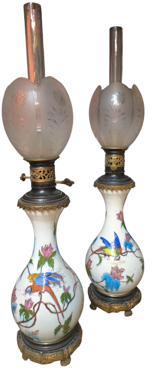   Théodore DECK Exceptionnelle paire de lampes à pétrole japonisantes XIXᵉ Attribuée 