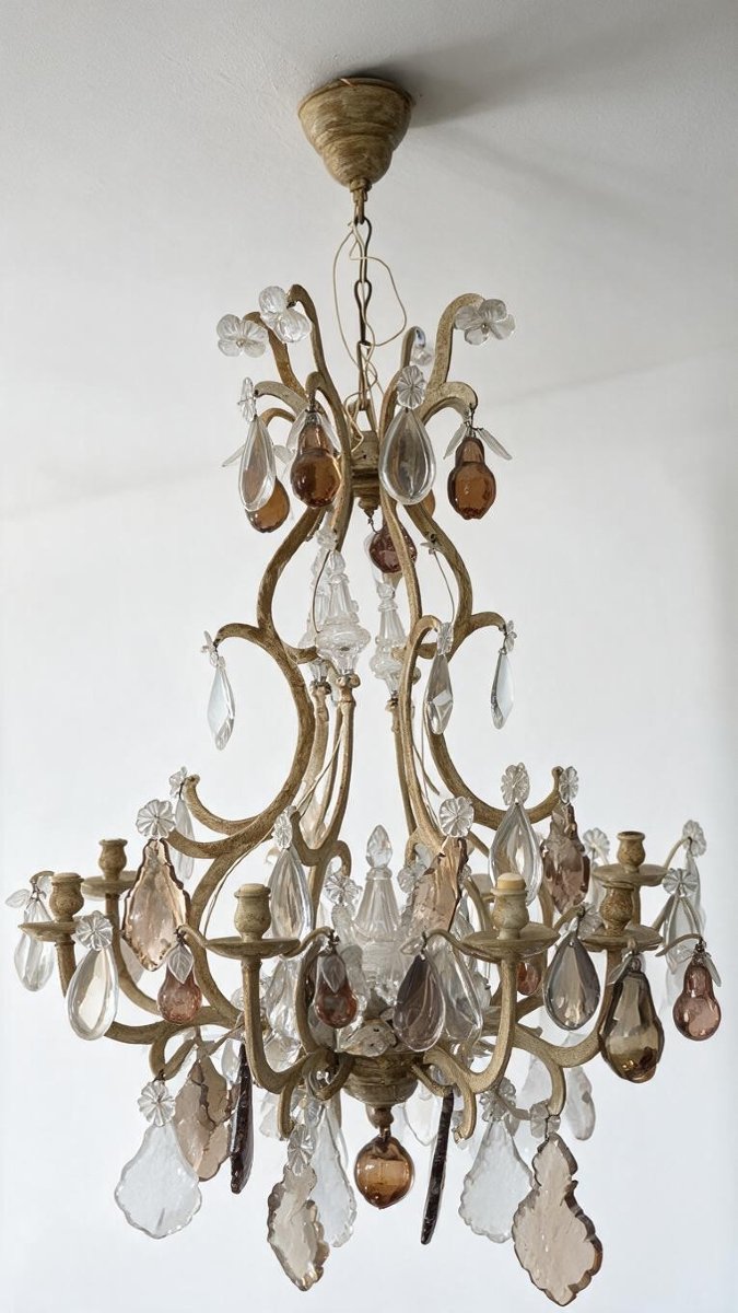  Large Cage Chandelier In Cream-patinated Bronze With Murano Crystal And Fruit Motifs, Featuring 16 Light Points   -photo-2