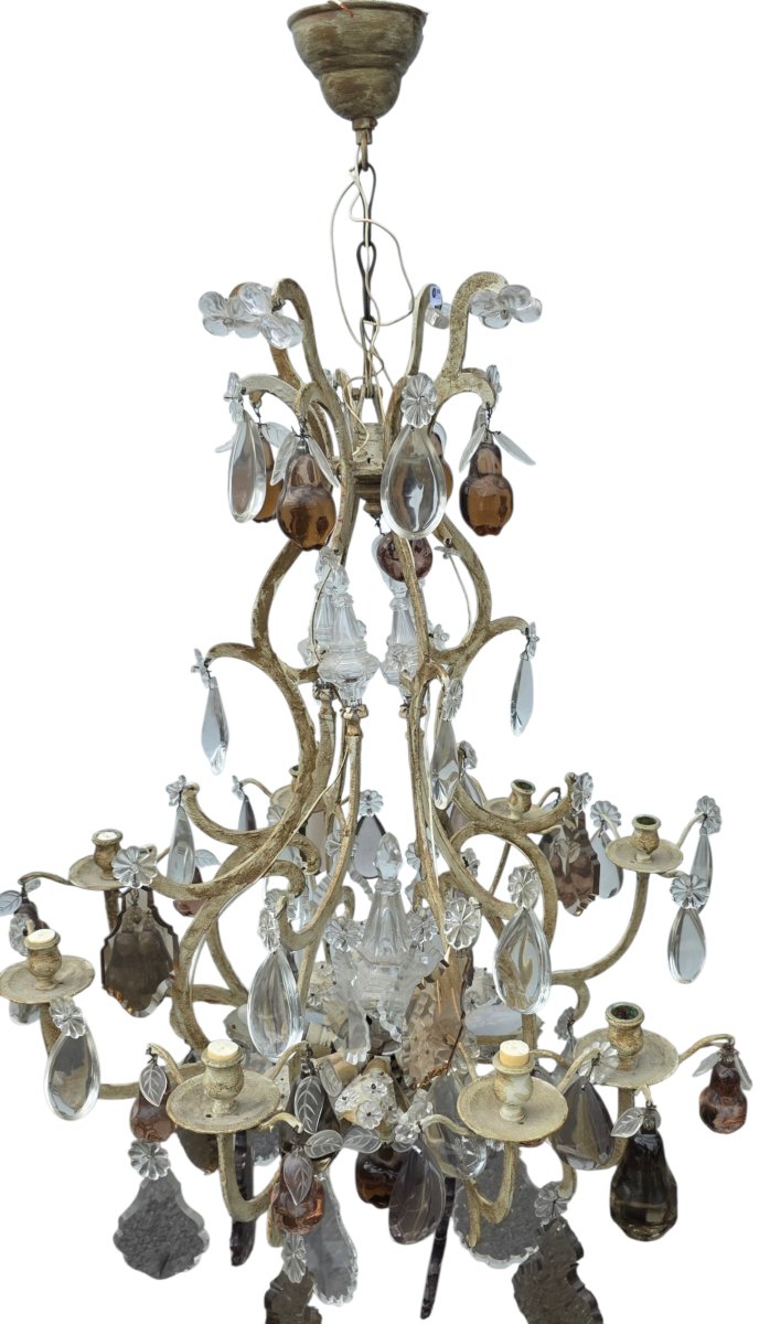  Large Cage Chandelier In Cream-patinated Bronze With Murano Crystal And Fruit Motifs, Featuring 16 Light Points   -photo-3
