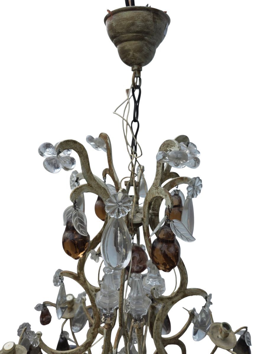  Large Cage Chandelier In Cream-patinated Bronze With Murano Crystal And Fruit Motifs, Featuring 16 Light Points   -photo-4