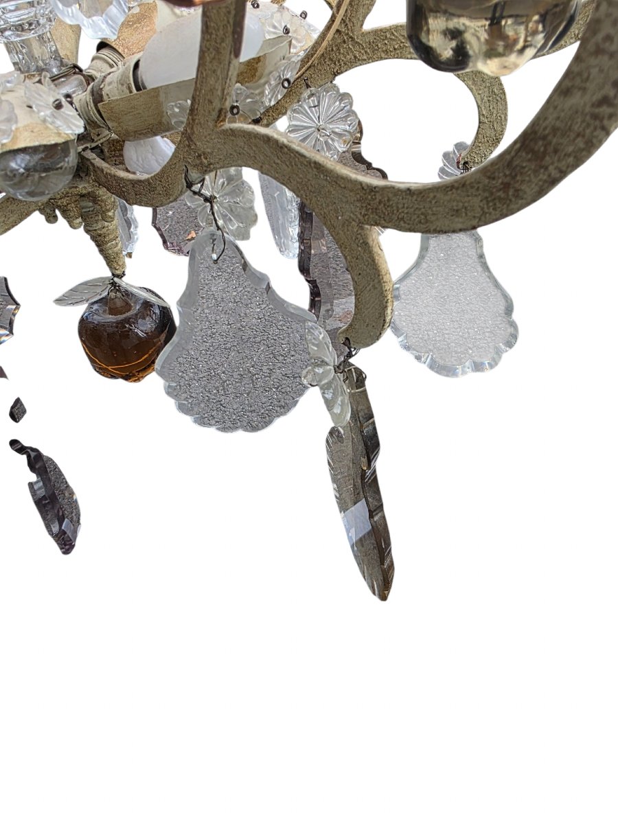  Large Cage Chandelier In Cream-patinated Bronze With Murano Crystal And Fruit Motifs, Featuring 16 Light Points   -photo-1