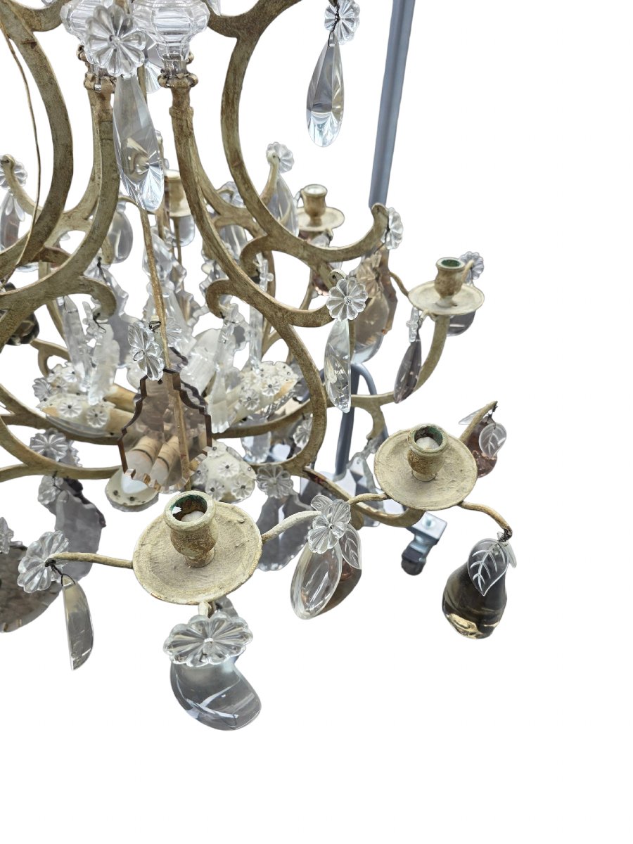  Large Cage Chandelier In Cream-patinated Bronze With Murano Crystal And Fruit Motifs, Featuring 16 Light Points   -photo-2
