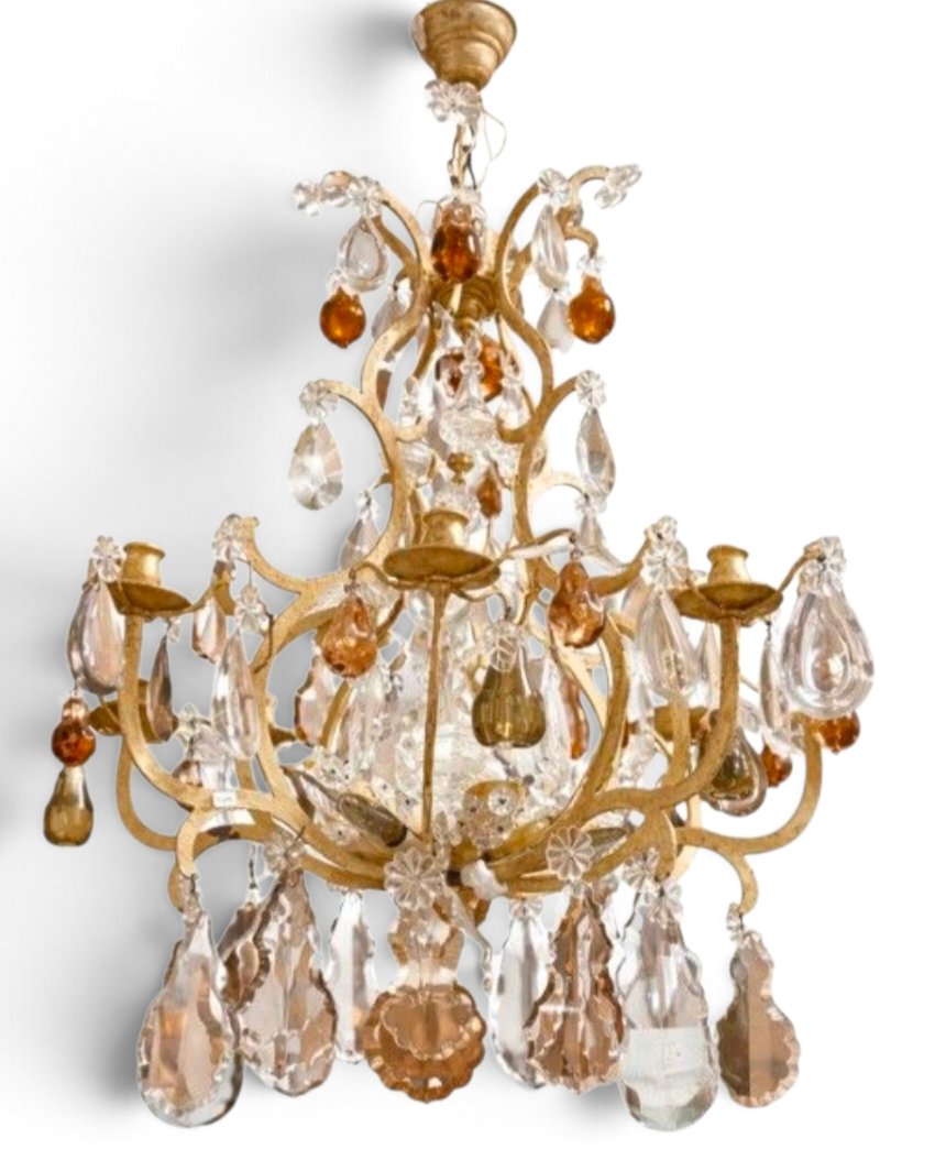  important lustre cage en bronze patiné crème cristal et fruits de Murano 16 feux de lumière   