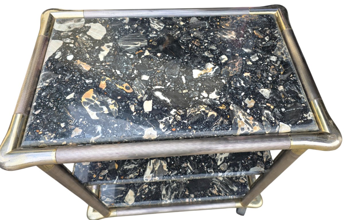   Maison Jansen Or Roméo Vintage Serving Cart, 1970, Chromed Ribbed Brass, 3 Solid Marble Tops  -photo-3