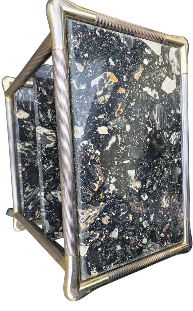   Maison Jansen Or Roméo Vintage Serving Cart, 1970, Chromed Ribbed Brass, 3 Solid Marble Tops  -photo-1