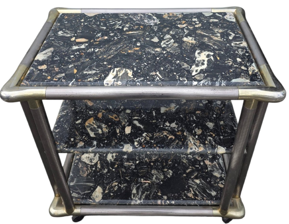   Maison Jansen Or Roméo Vintage Serving Cart, 1970, Chromed Ribbed Brass, 3 Solid Marble Tops  -photo-2