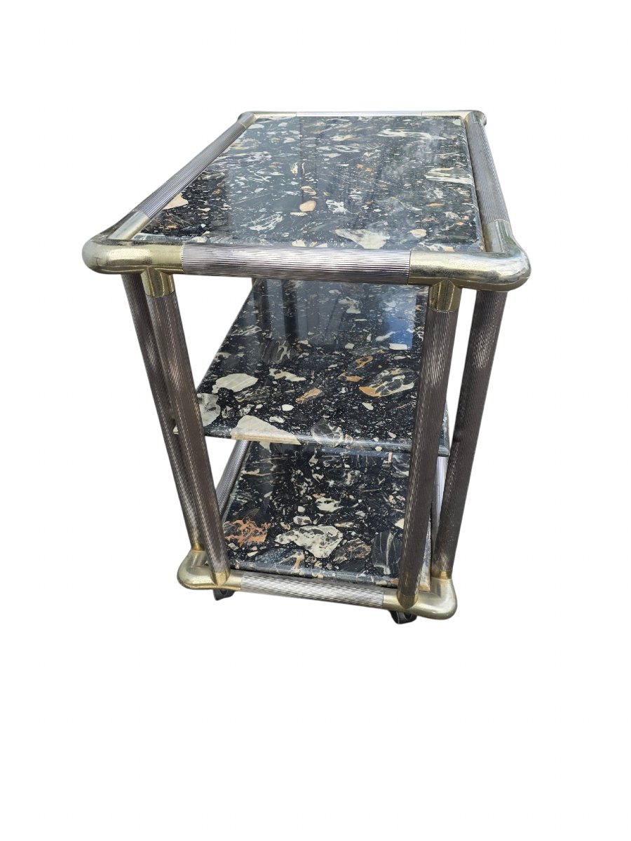   Maison Jansen Or Roméo Vintage Serving Cart, 1970, Chromed Ribbed Brass, 3 Solid Marble Tops  -photo-4