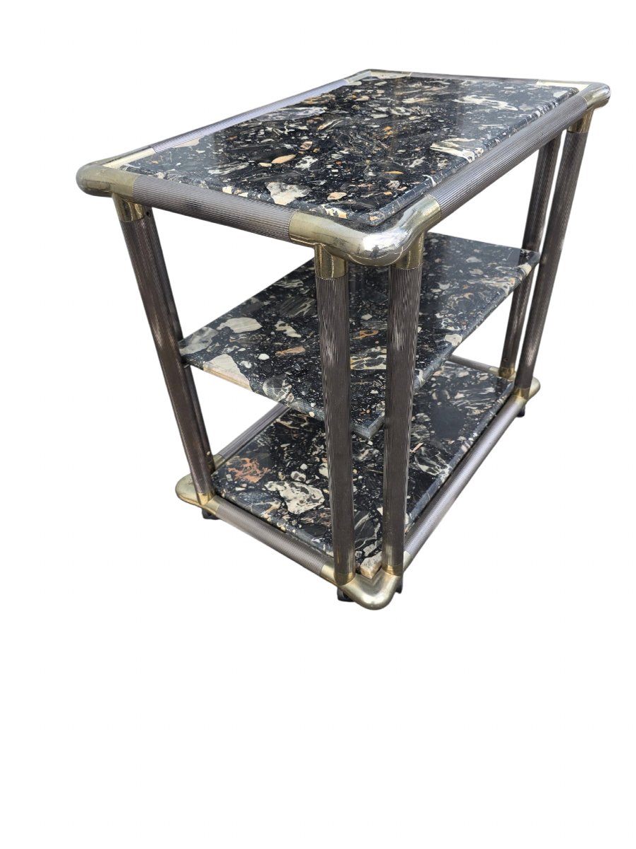   Maison Jansen Or Roméo Vintage Serving Cart, 1970, Chromed Ribbed Brass, 3 Solid Marble Tops  -photo-5