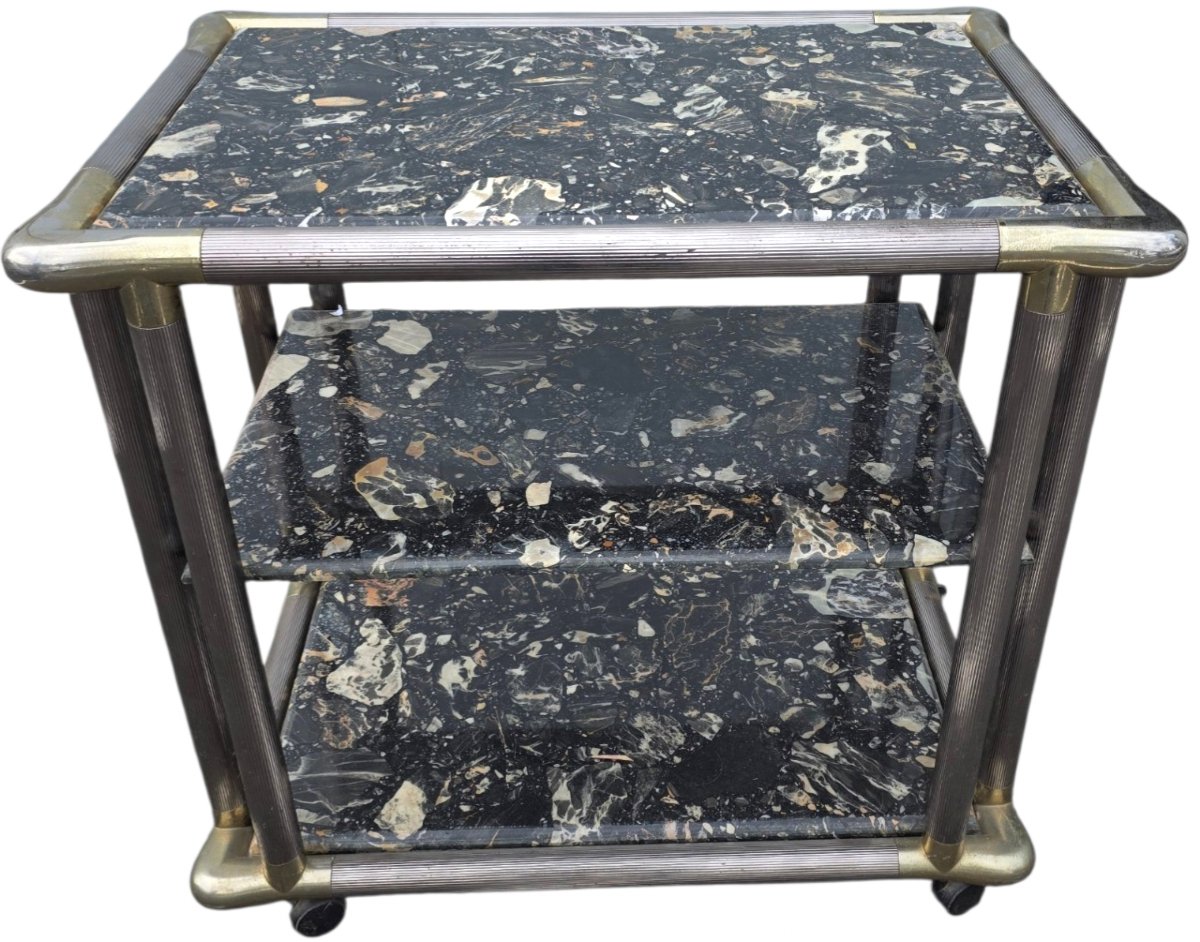   Maison Jansen Or Roméo Vintage Serving Cart, 1970, Chromed Ribbed Brass, 3 Solid Marble Tops  