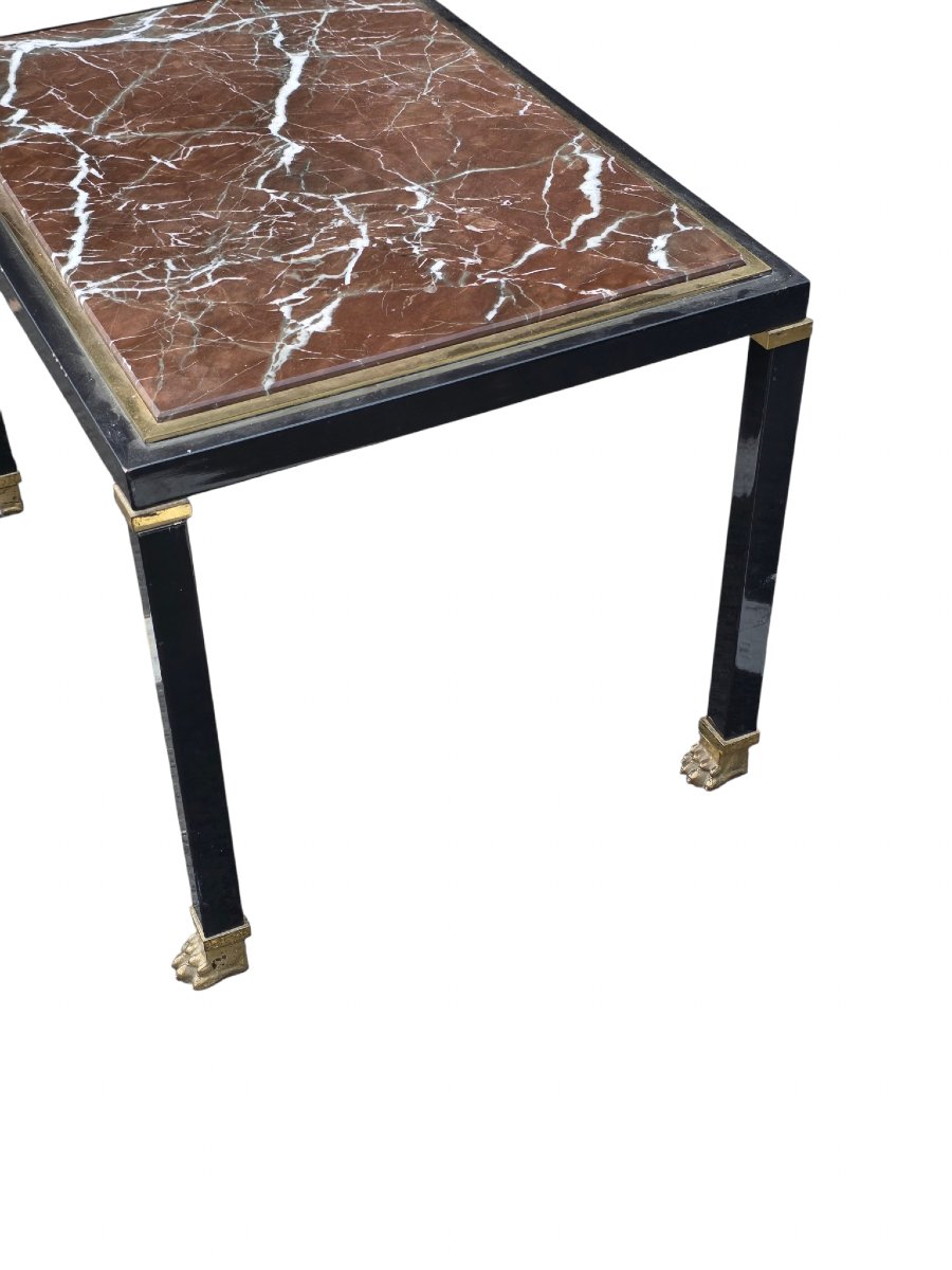  maisons Jansen ou Baguès Bout de canapé Table d'appoint en métal laqué noir laiton et marbre -photo-3