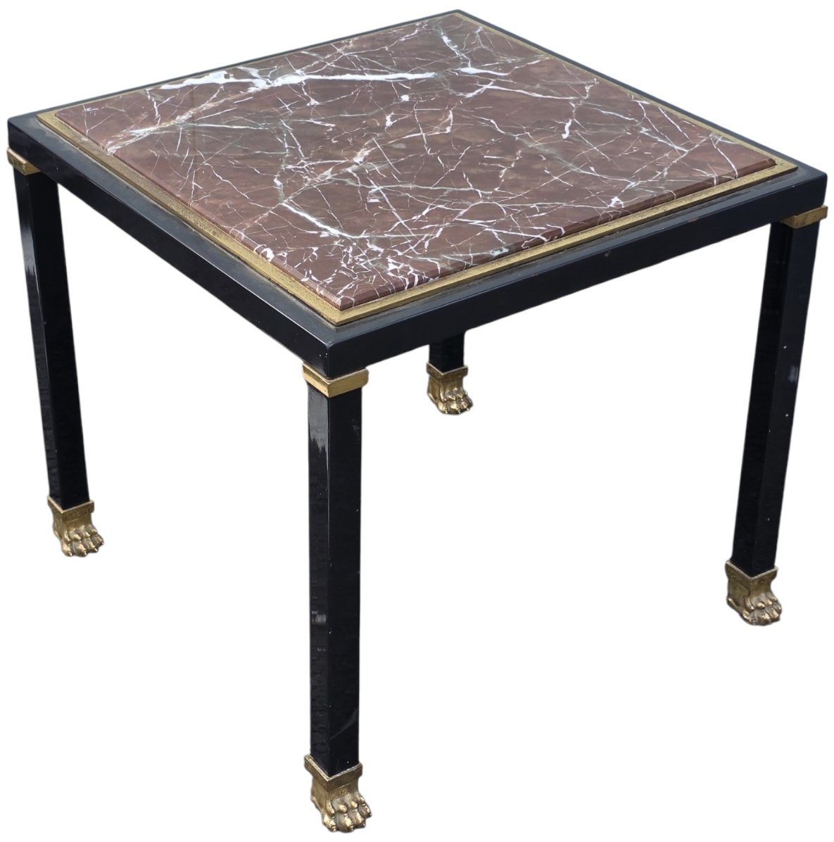  maisons Jansen ou Baguès Bout de canapé Table d'appoint en métal laqué noir laiton et marbre 