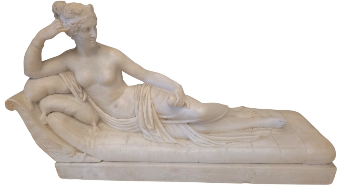  Sculpture marbre de Carrare Pauline Borghese en Vénus Victrix d'après Canova L 57cm poids 25 K