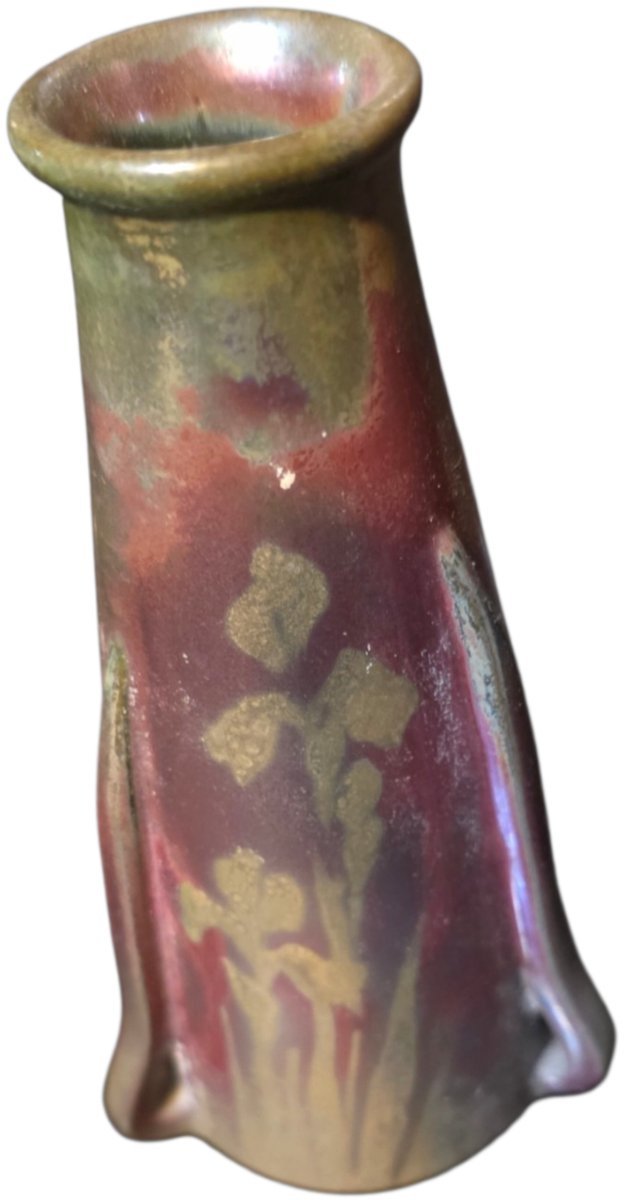  Art Nouveau Vase In Iridescent Stoneware With Irises  Signed Clément Massier, Golfe-juan  Stunning Vase-photo-3