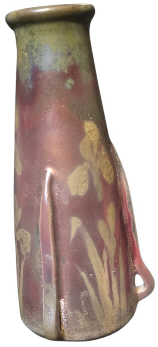  Art Nouveau Vase In Iridescent Stoneware With Irises  Signed Clément Massier, Golfe-juan  Stunning Vase-photo-4