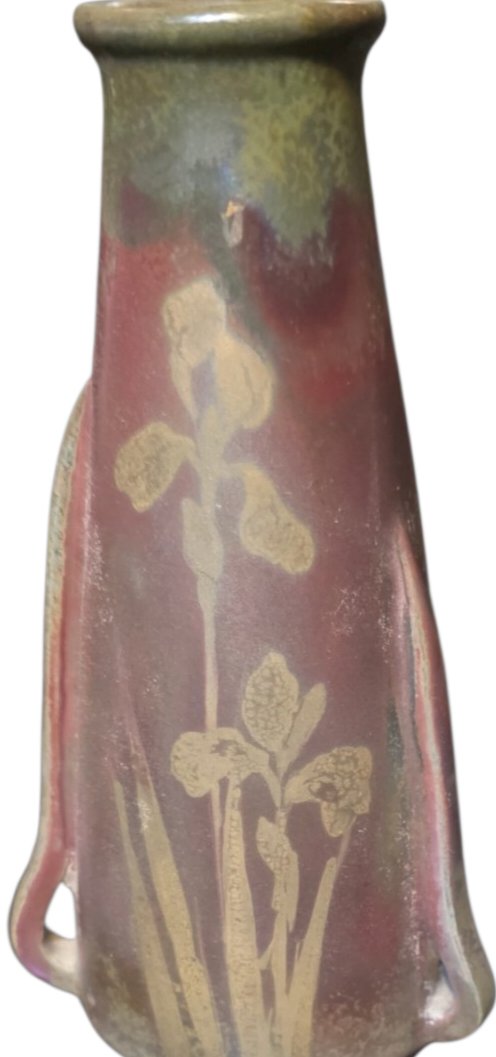  Art Nouveau Vase In Iridescent Stoneware With Irises  Signed Clément Massier, Golfe-juan  Stunning Vase-photo-1