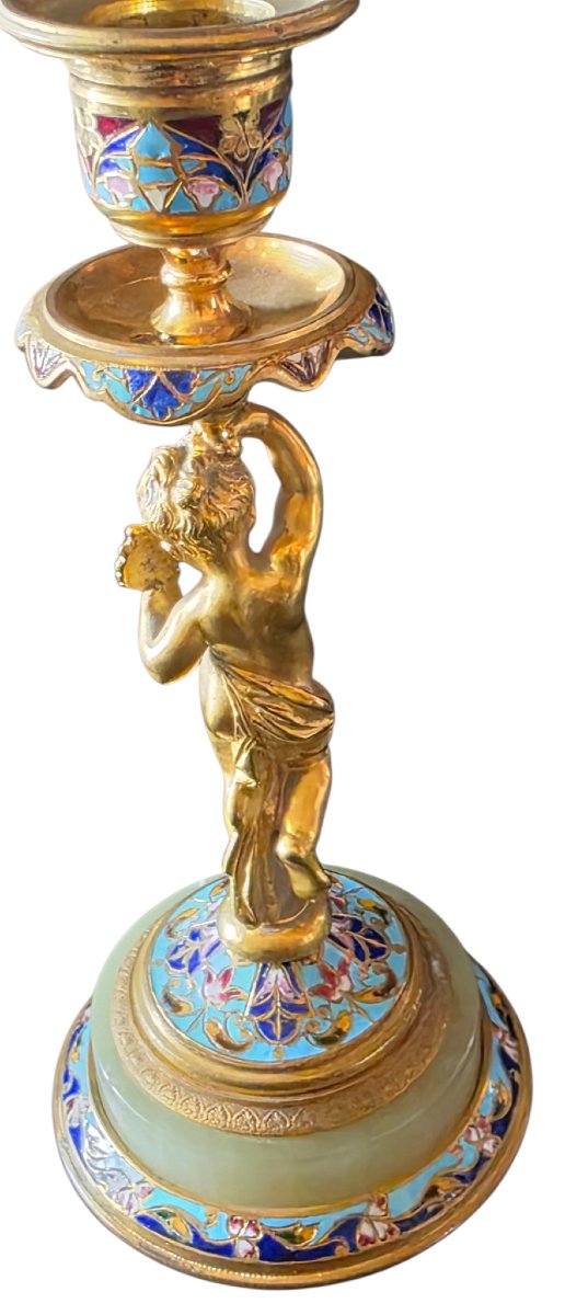  Bougeoir ancien XIXe bronze doré et émail champlevé Maison Alphonse Giroux 18 cm  Superbe-photo-3
