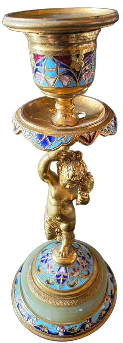  Bougeoir ancien XIXe bronze doré et émail champlevé Maison Alphonse Giroux 18 cm  Superbe-photo-5