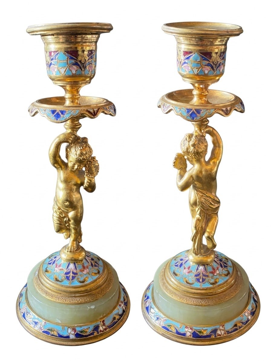  Bougeoir ancien XIXe bronze doré et émail champlevé Maison Alphonse Giroux 18 cm  Superbe