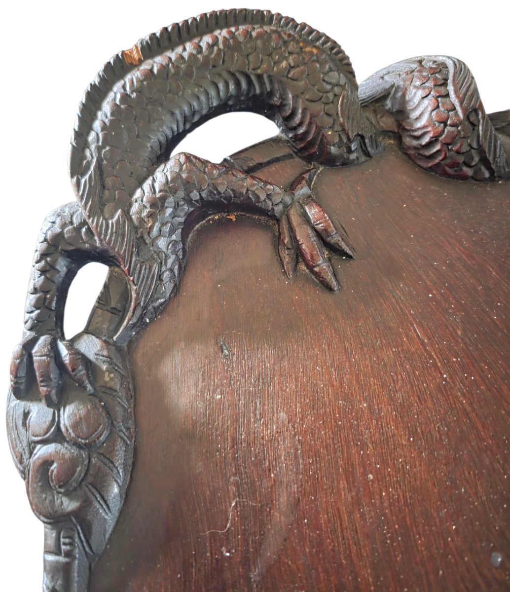  Grand plateau en palissandre sculpté aux dragons Asie XIXe siècle 55 cm -photo-4