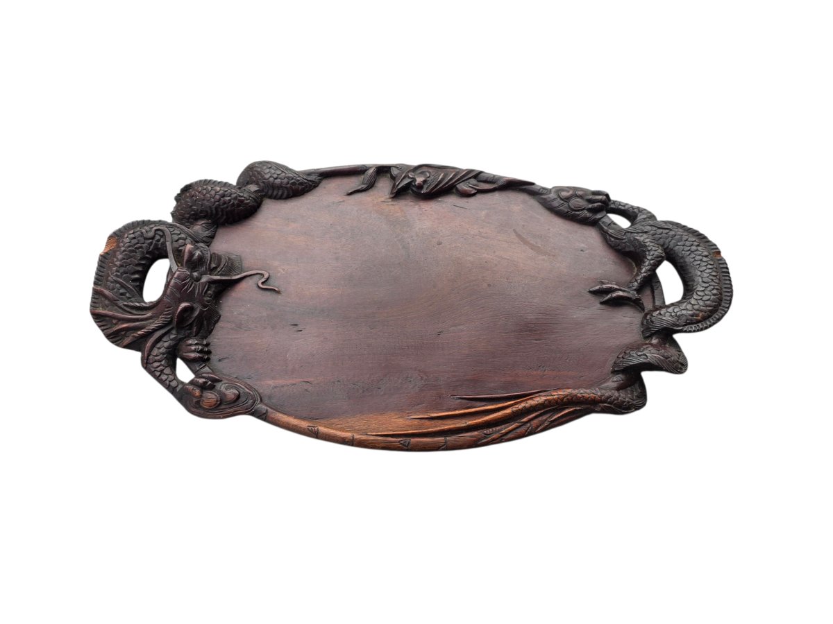  Grand plateau en palissandre sculpté aux dragons Asie XIXe siècle 55 cm -photo-2