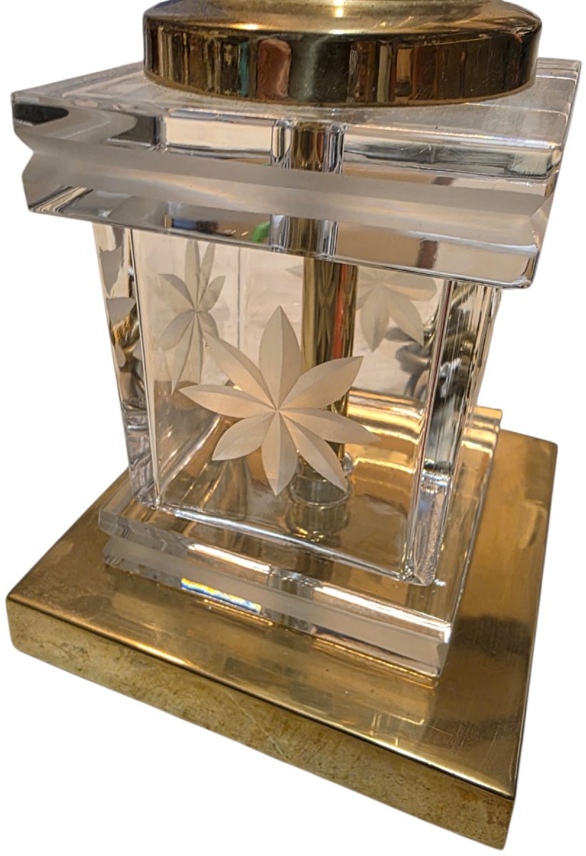 Paire de grandes lampes en cristal gravé & bronze Style Maison Jansen Romeo Rega Le Dauphin-photo-2