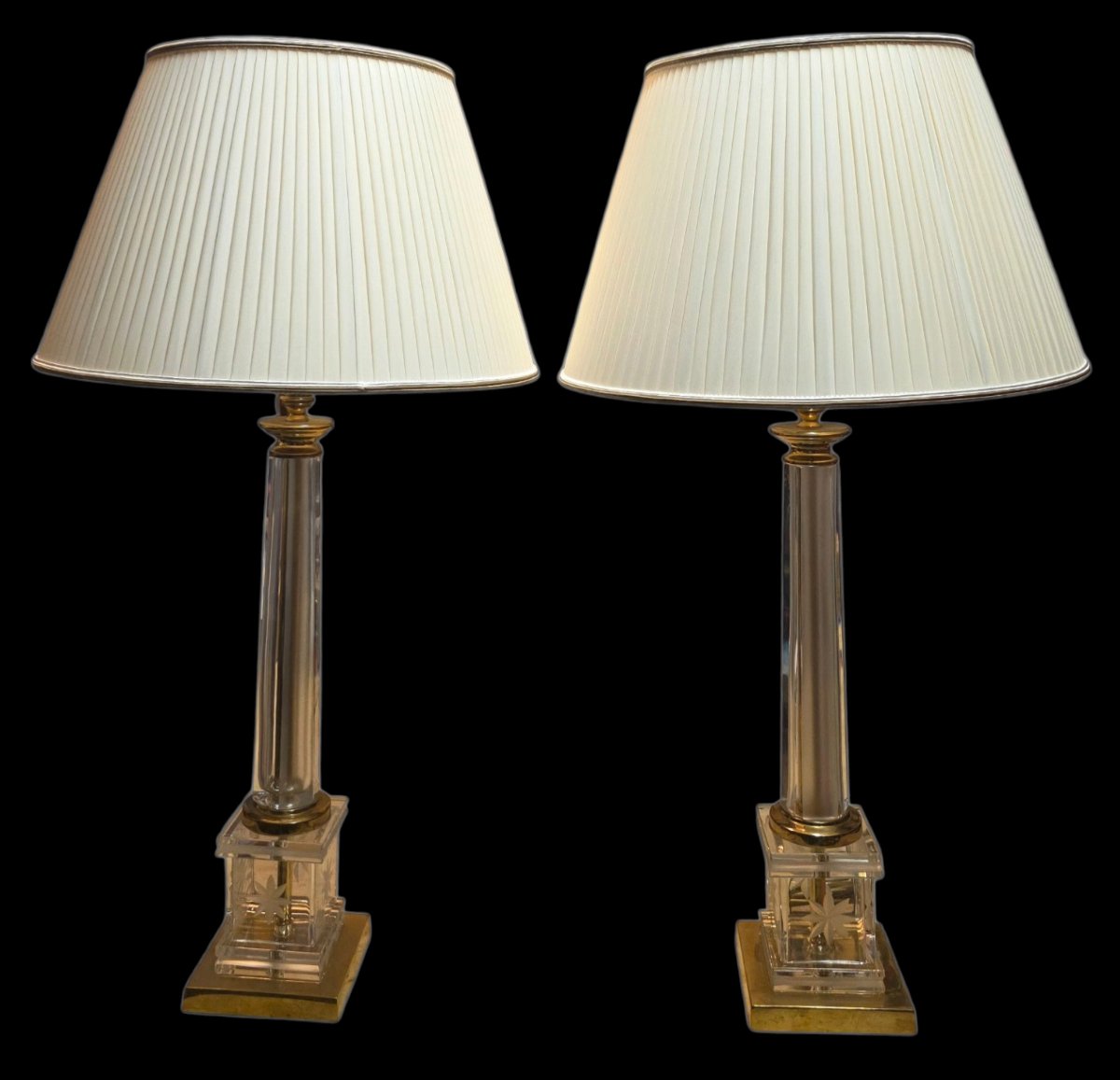  Paire de grandes lampes en cristal gravé & bronze Style Maison Jansen Romeo Rega Le Dauphin-photo-4