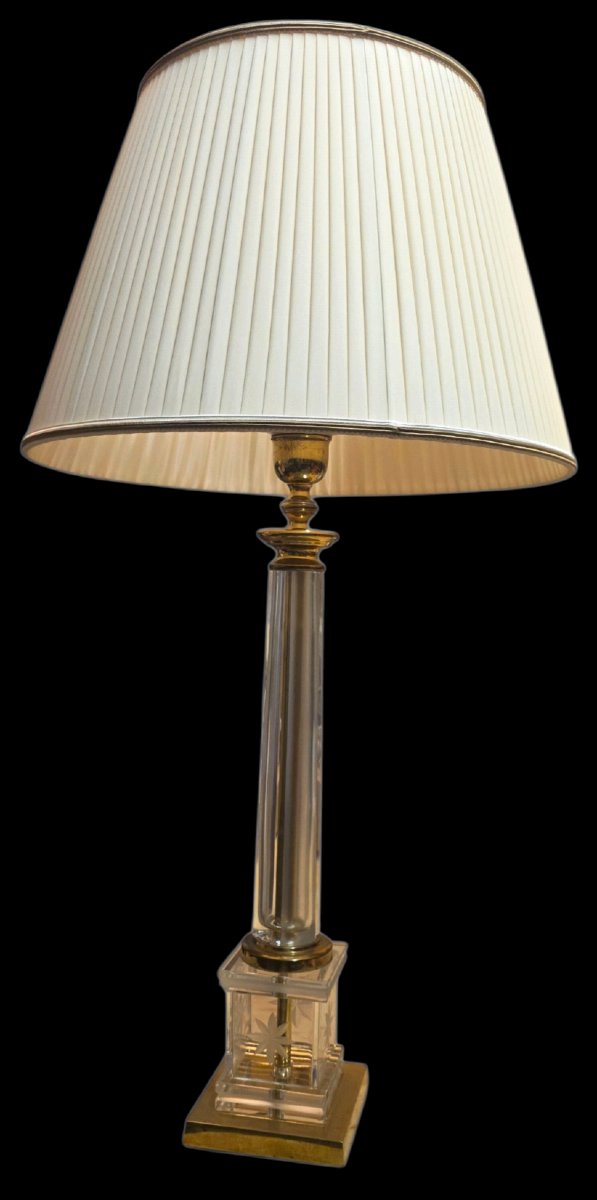  Paire de grandes lampes en cristal gravé & bronze Style Maison Jansen Romeo Rega Le Dauphin-photo-1