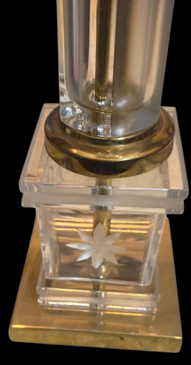  Paire de grandes lampes en cristal gravé & bronze Style Maison Jansen Romeo Rega Le Dauphin-photo-2