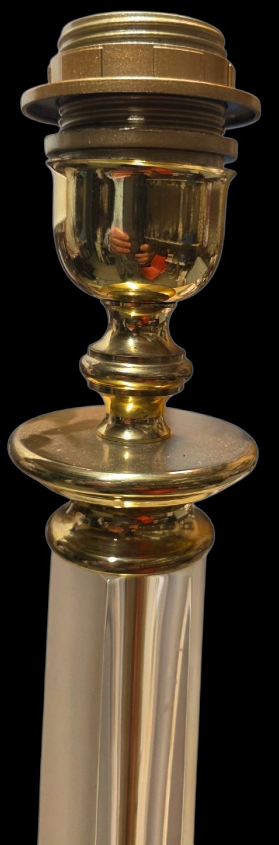  Paire de grandes lampes en cristal gravé & bronze Style Maison Jansen Romeo Rega Le Dauphin-photo-4