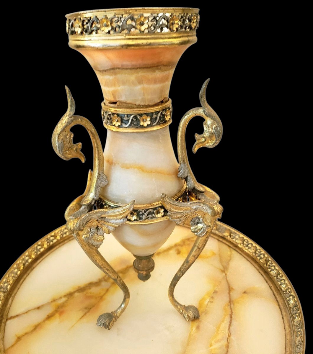  Centre de table Napoléon III en Onyx d'Algérie émaux cloisonnés Maison Giroux -photo-1