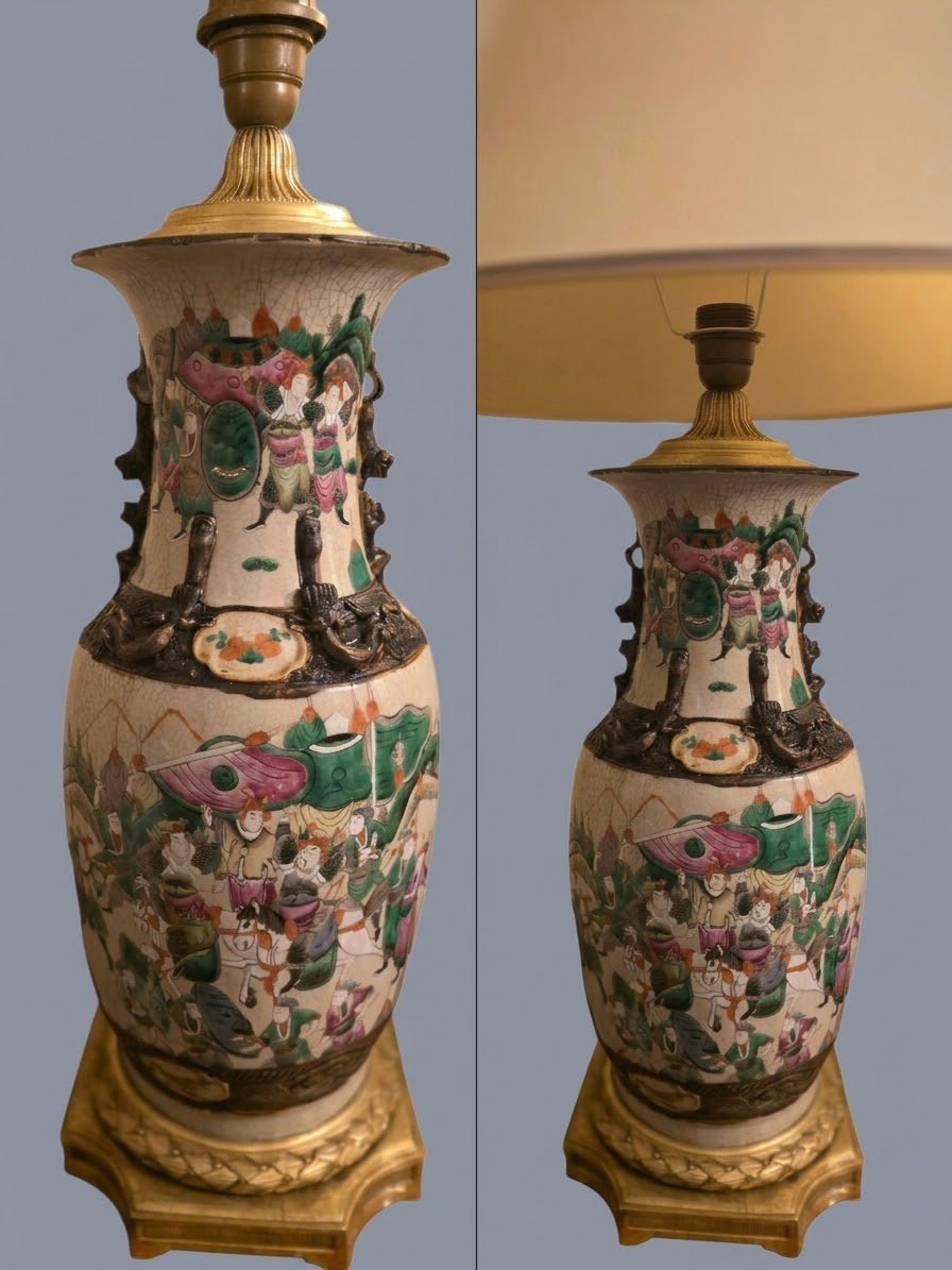  Stunning Antique Chinese Table Lamp, "famille Rose" Enamel Vase, 19th Century -photo-2