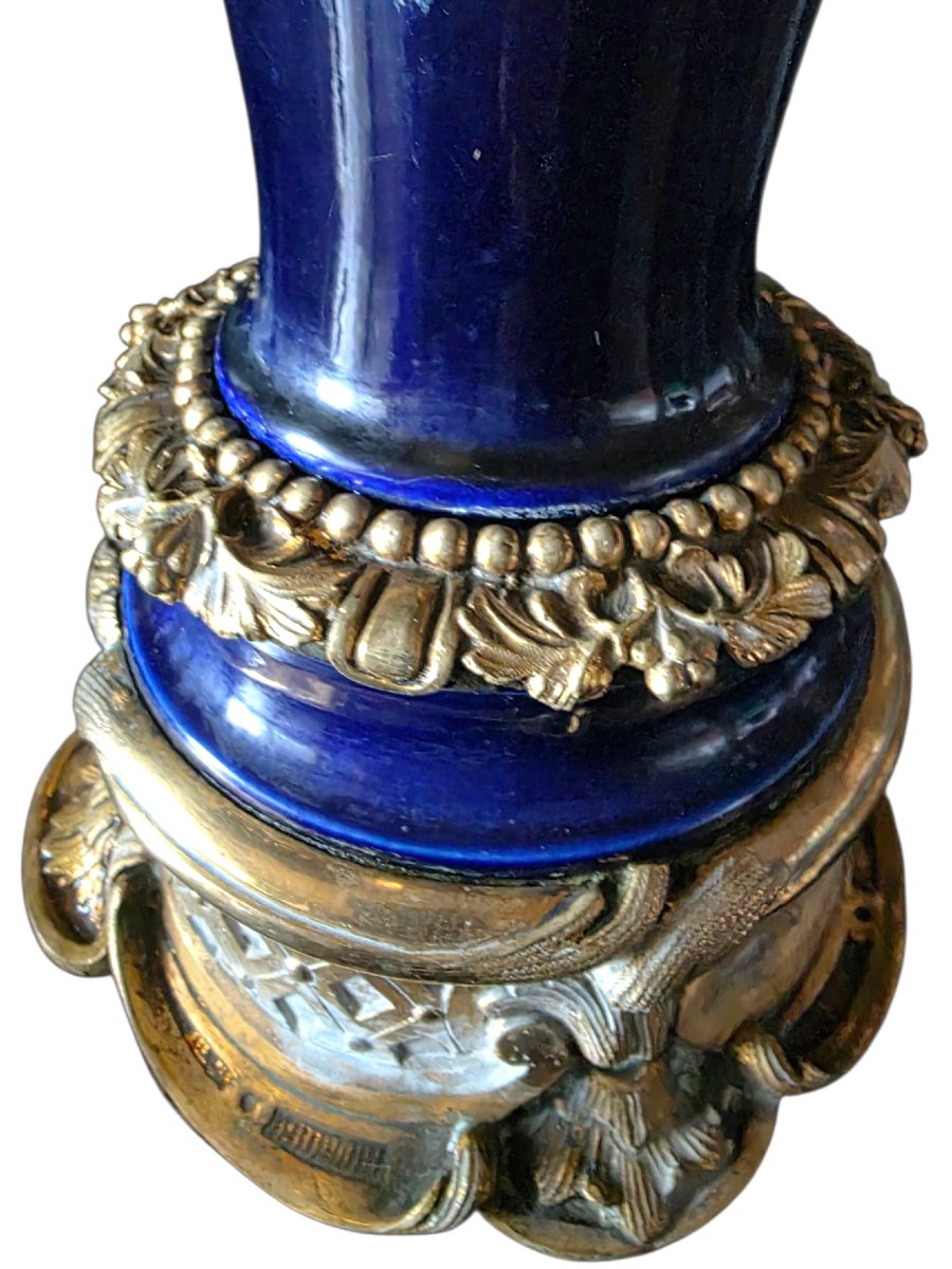   Louis XV–napoleon III-style Oil Lamp, 19th Century, Circa 1870, Gilded Bronze, Cobalt Blue Porcelain -photo-8
