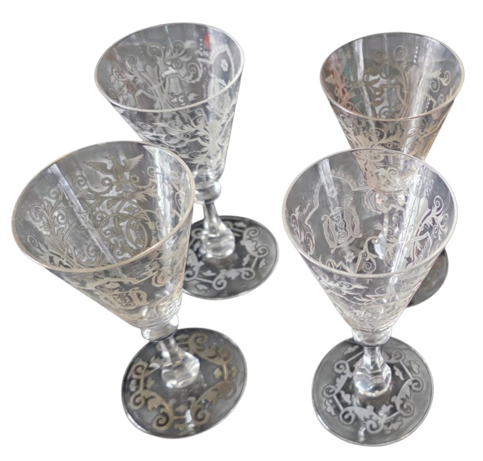  Set Of 4 Engraved Crystal Wine Glasses From J. & L. Lobmeyr, Vienna, 19th Century-photo-4