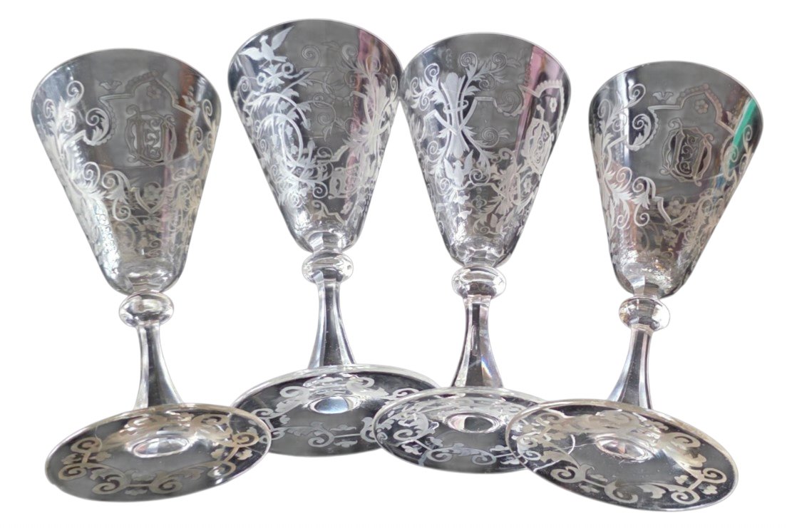  Set Of 4 Engraved Crystal Wine Glasses From J. & L. Lobmeyr, Vienna, 19th Century-photo-2