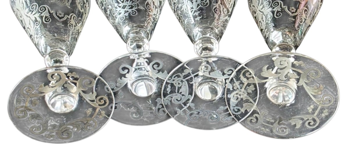  Set Of 4 Engraved Crystal Wine Glasses From J. & L. Lobmeyr, Vienna, 19th Century-photo-4