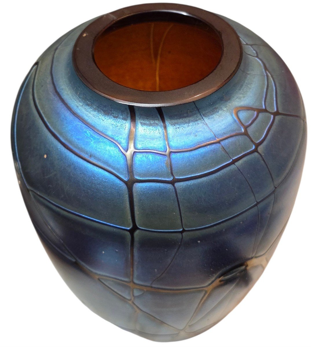  Large Iridescent Blown-glass Vase – Art Nouveau Net-pattern Design, H 32 Cm -photo-4