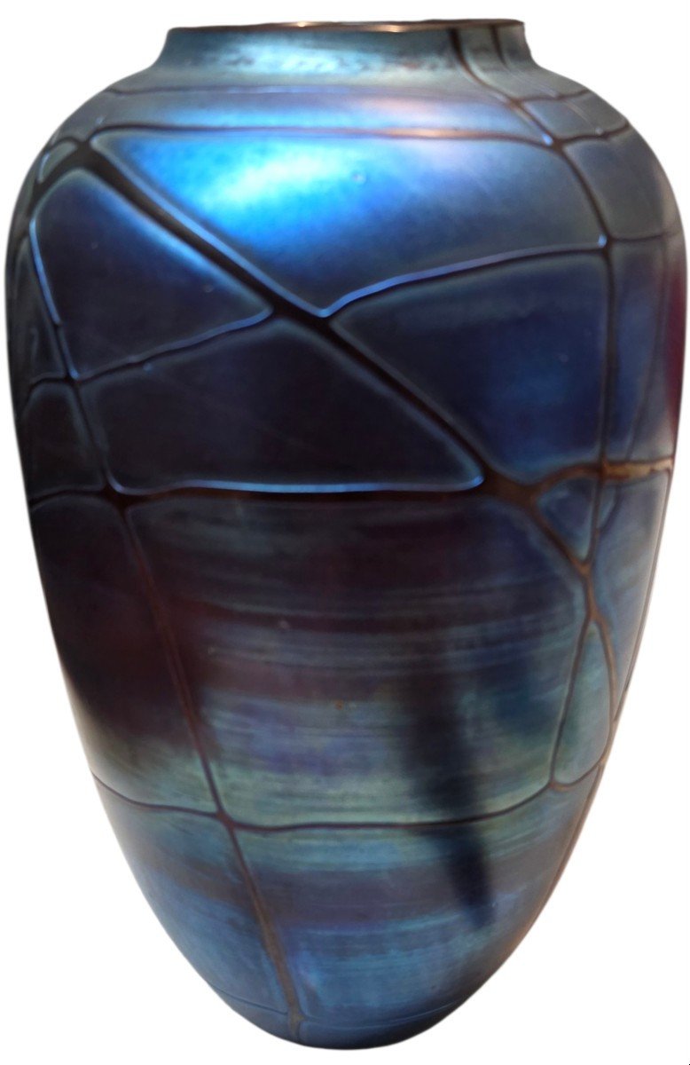  Large Iridescent Blown-glass Vase – Art Nouveau Net-pattern Design, H 32 Cm -photo-2