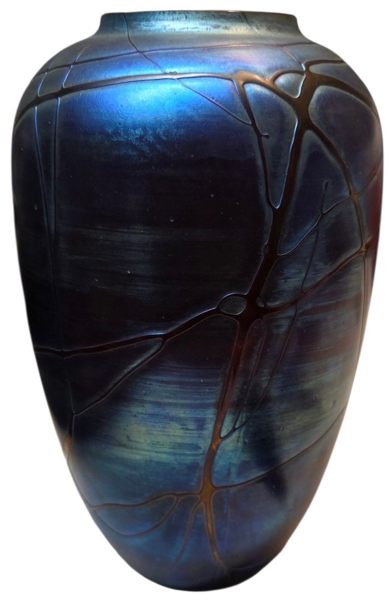  Large Iridescent Blown-glass Vase – Art Nouveau Net-pattern Design, H 32 Cm -photo-3