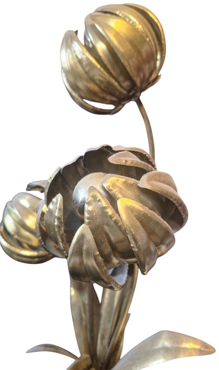  Sculptural Floral Lamp In Gilded Brass With 3 Lights By Maison Jansen, 1970, Hollywood Reg-photo-3