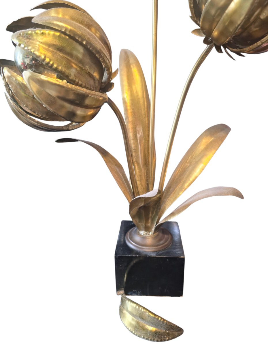 Sculptural Floral Lamp In Gilded Brass With 3 Lights By Maison Jansen, 1970, Hollywood Reg-photo-4