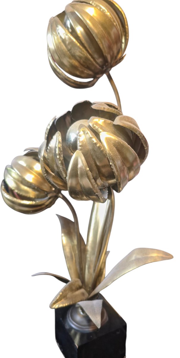  Sculptural Floral Lamp In Gilded Brass With 3 Lights By Maison Jansen, 1970, Hollywood Reg-photo-6