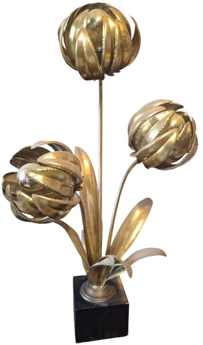  Sculptural Floral Lamp In Gilded Brass With 3 Lights By Maison Jansen, 1970, Hollywood Reg-photo-7