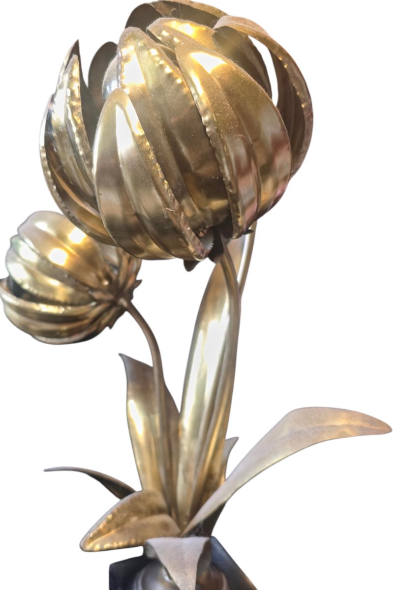  Sculptural Floral Lamp In Gilded Brass With 3 Lights By Maison Jansen, 1970, Hollywood Reg-photo-1