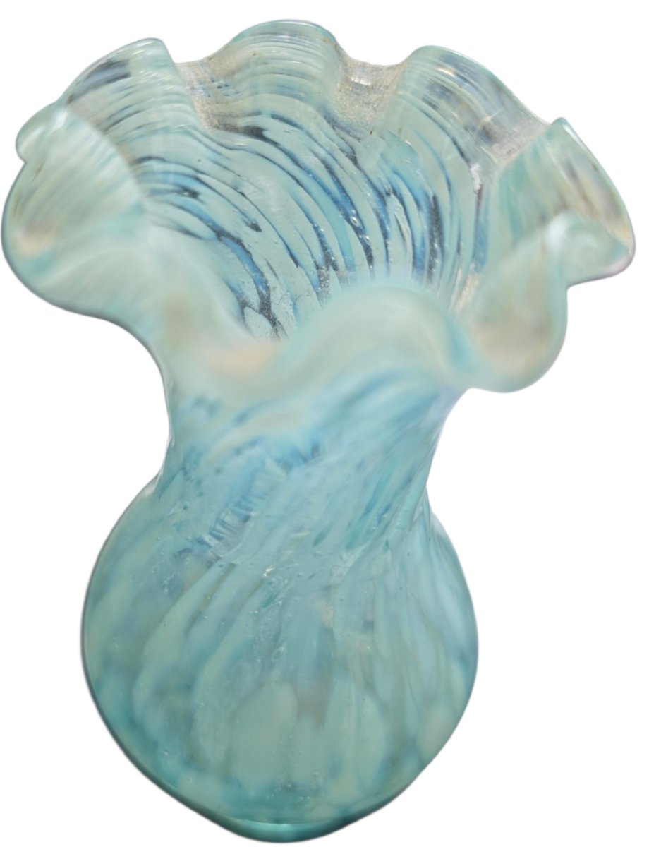   Paire de petits vases miniatures soliflores anciens en verre opalescent bleu et blanc -photo-3