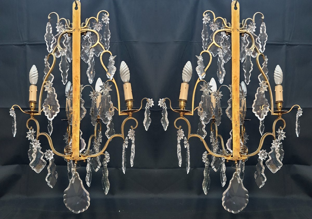 Pair Of Louis XV Sconces With Three Arms Bronze And Crystal Pampilles Period Early XIXth H 76-photo-2