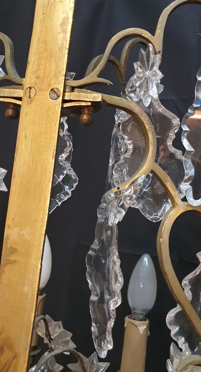 Paire D’appliques Louis XV à Trois Bras Pampilles Bronze Et Cristal d'époque Début XIXeme H 76 -photo-1