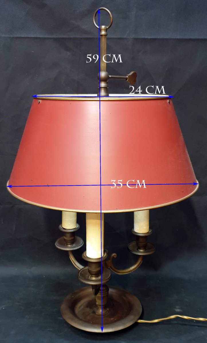 Hot Water Bottle Lamp With Three Lights In Bronze Patina Medal Lampshade In Red Sheet Metal-photo-2