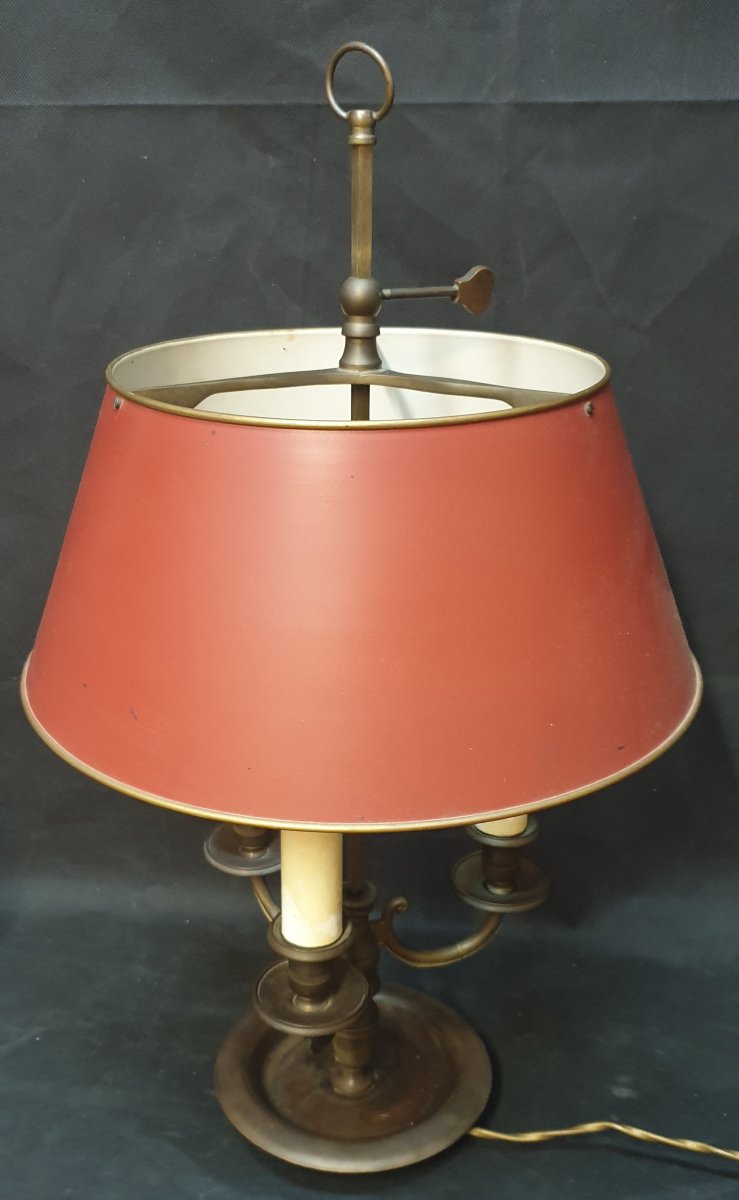 Hot Water Bottle Lamp With Three Lights In Bronze Patina Medal Lampshade In Red Sheet Metal-photo-3