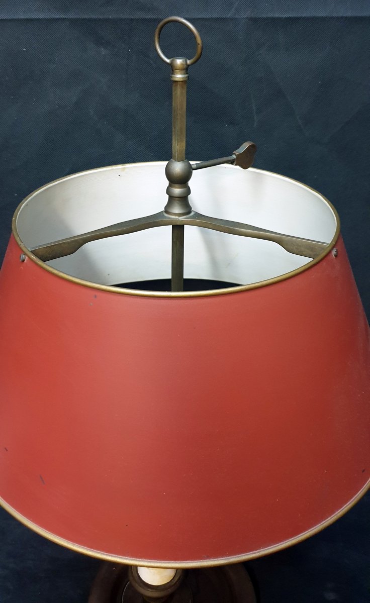 Hot Water Bottle Lamp With Three Lights In Bronze Patina Medal Lampshade In Red Sheet Metal-photo-4