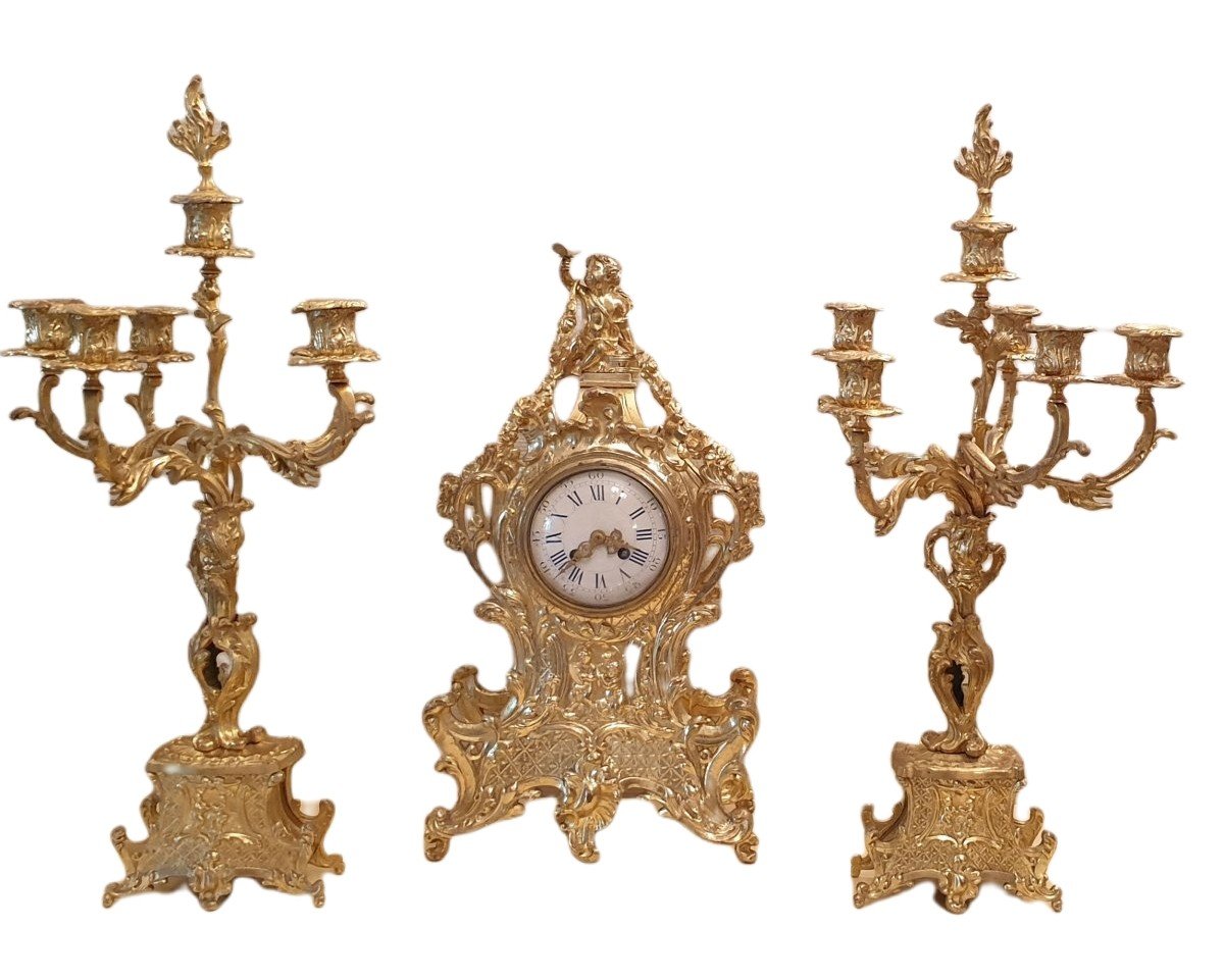 Important Louis XV Rocaille Fireplace Garnish In Bronze End XIX Candelabra Pendulum